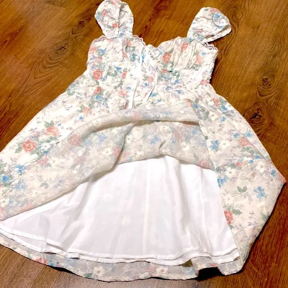 🎀 Blue & Pink Floral Babydoll Dress w/ White Floral Embroidery Overlay 🎀 NWT - Picture 6 of 11